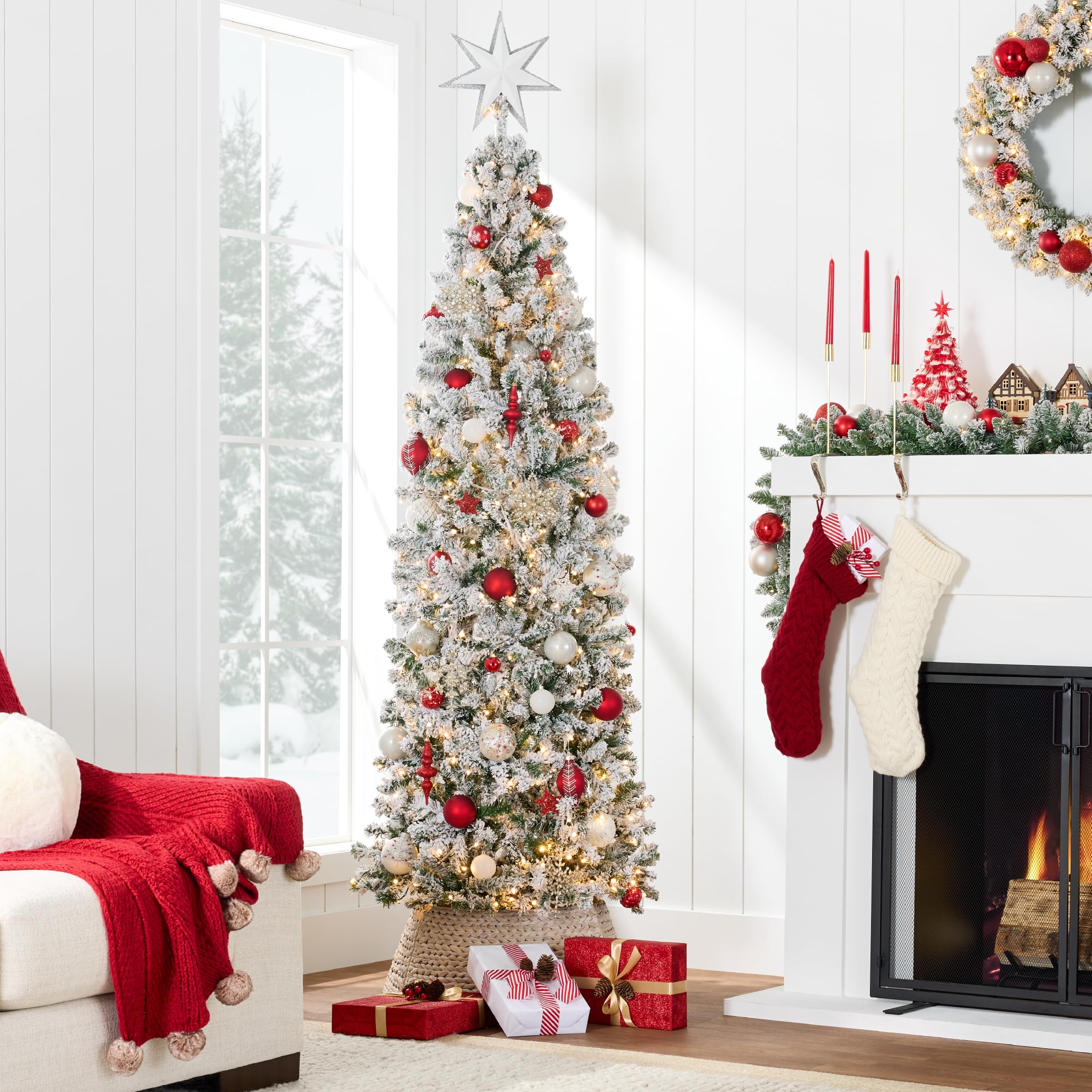 Best Choice Products Flocked Pencil Christmas Tree, Pre-Lit Slim Artificial Holiday Decoration, 6ft Lighted Skinny w/Base, Warm
